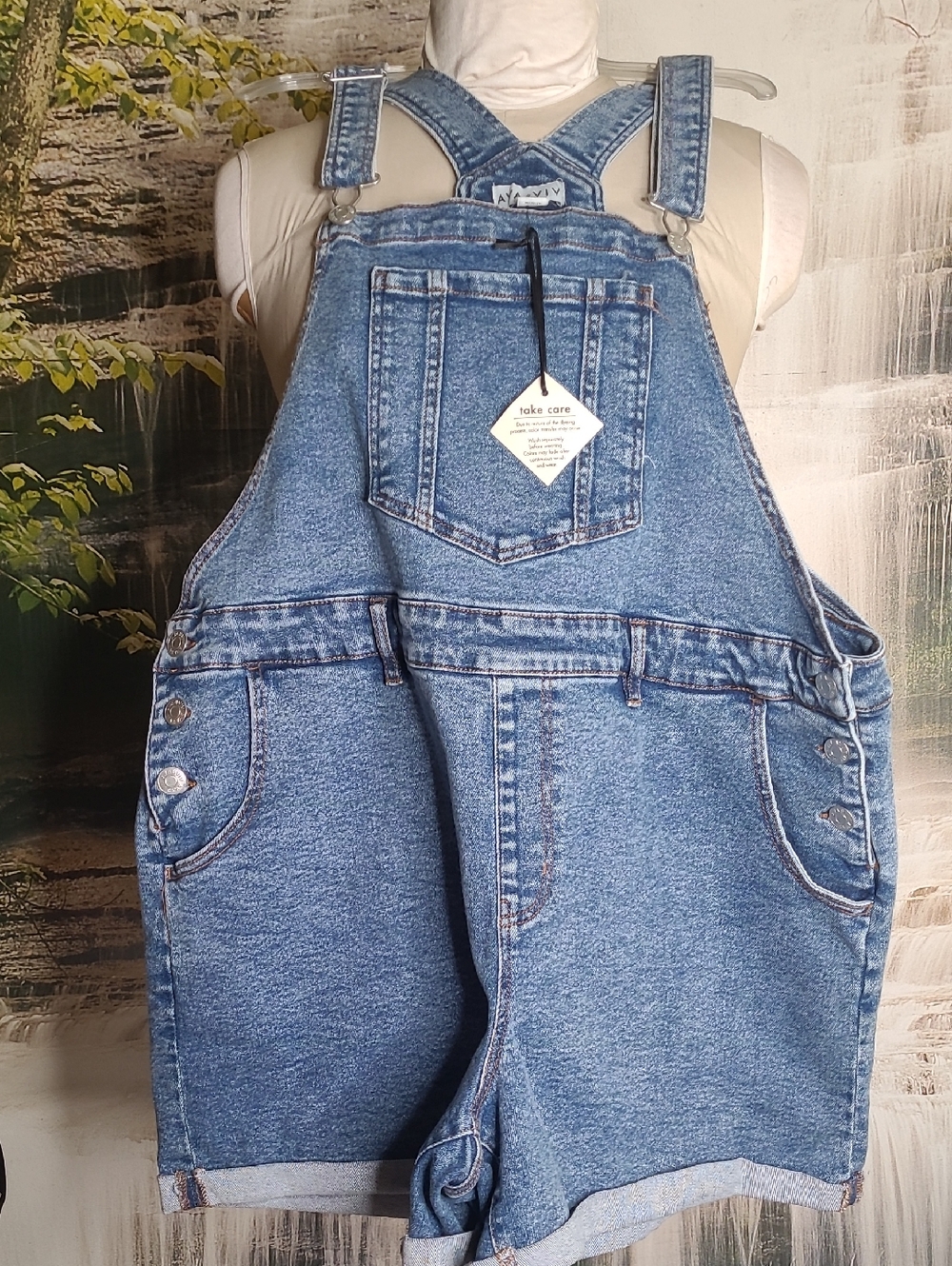 New! Ava & Viv Womens 18 medium wash denim blue jean bib overall shorts romper